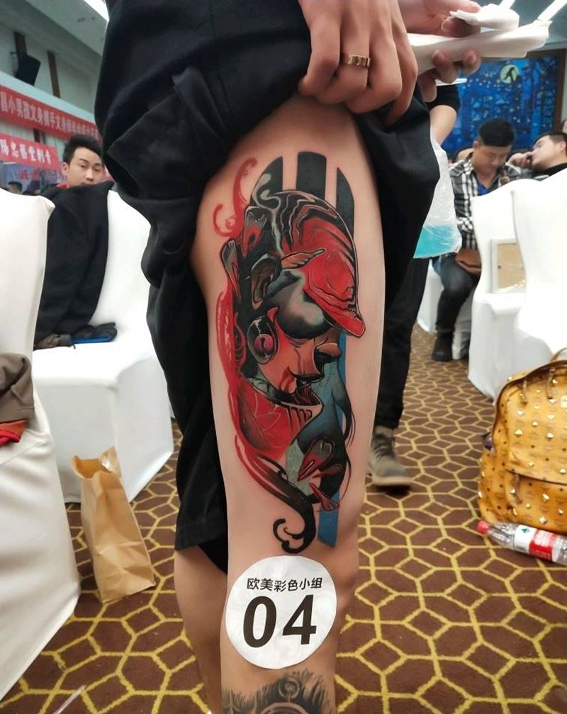 沉思纹身图片_脚部New School欧美彩色纹身图案