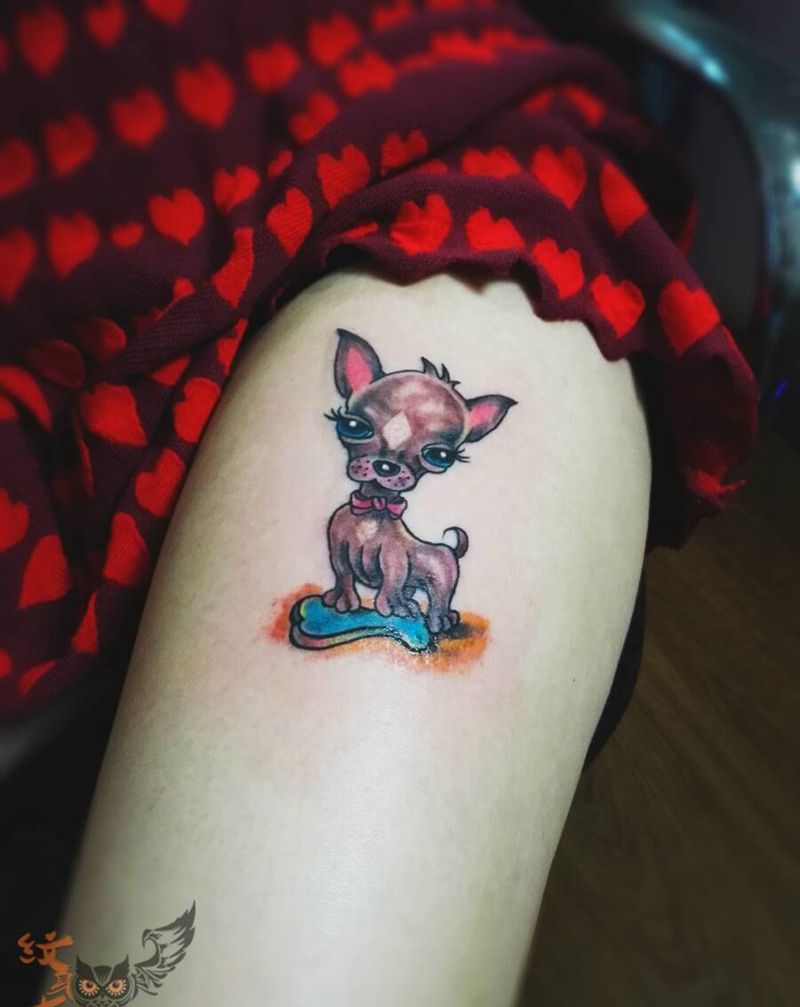 吉娃娃纹身图片_腿部欧美动物原创纹身图案