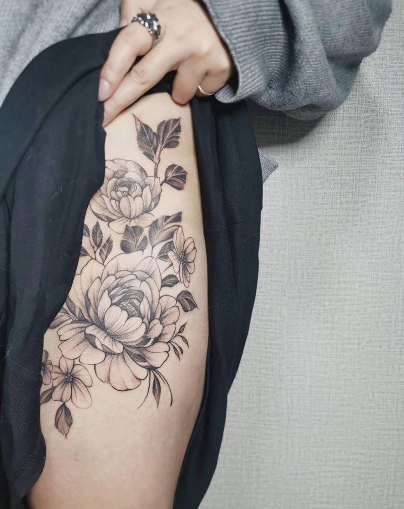 闺蜜素花纹身图片_腿部纹身图案