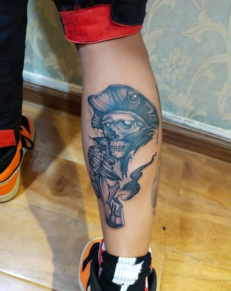 骷髅纹身图片_腿部欧美写实甩针纹身图案