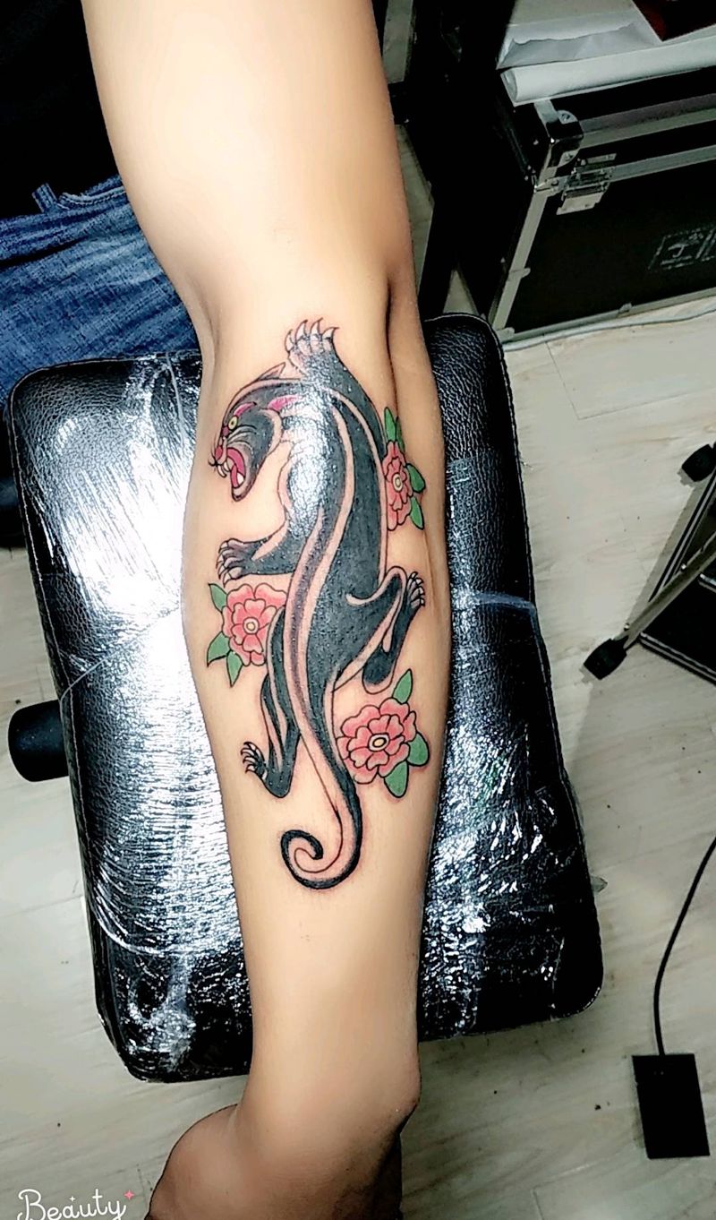 花豹 遮盖旧纹身纹身图片_手臂新传统纹身图案