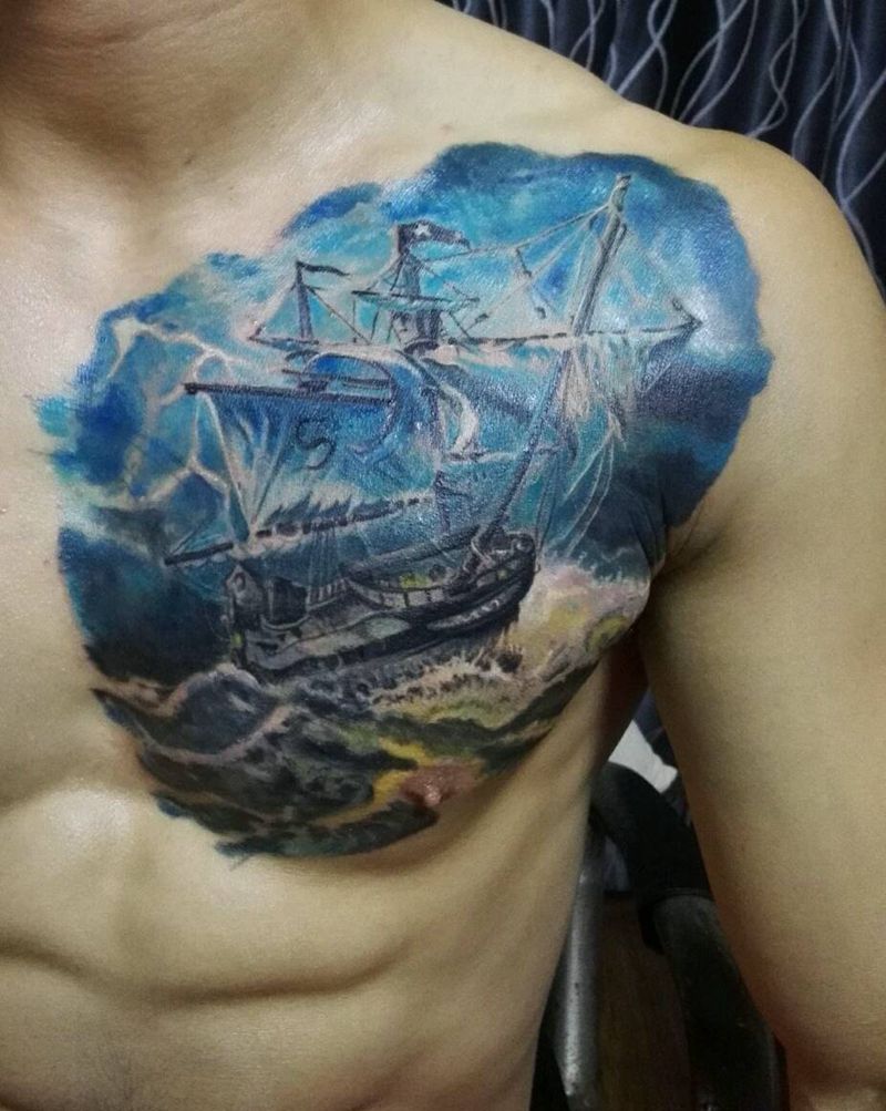 帆船盖旧图纹身图片_胸部欧美原创成品纹身图案