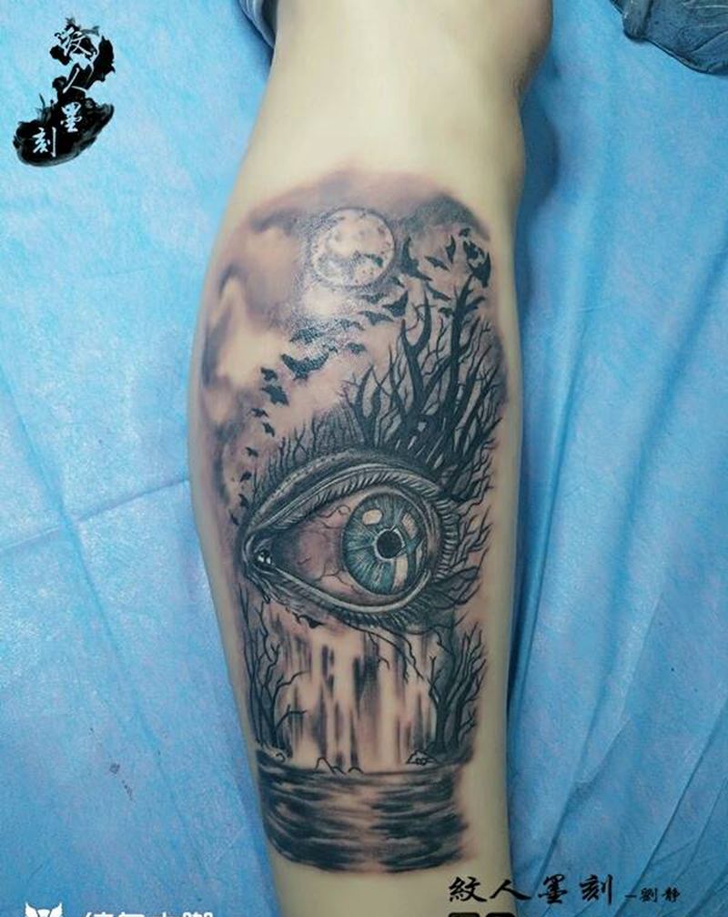 森林之眼纹身图片_腿部欧美写实鬼神昆明云南纹人墨刻成品纹身图案
