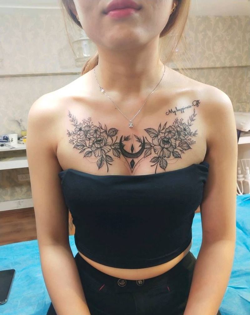 素花纹身图片_胸部点刺花胸纹身图案