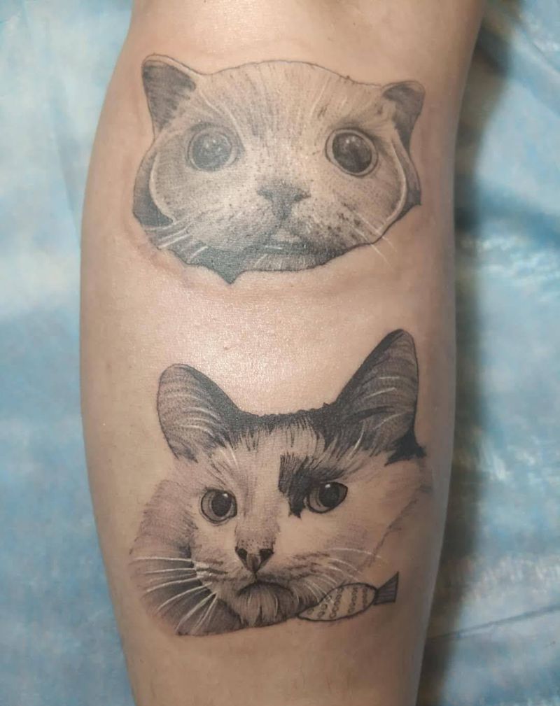 给客人家里的猫做个写实纹身图片_腿部欧美写实纹身图案