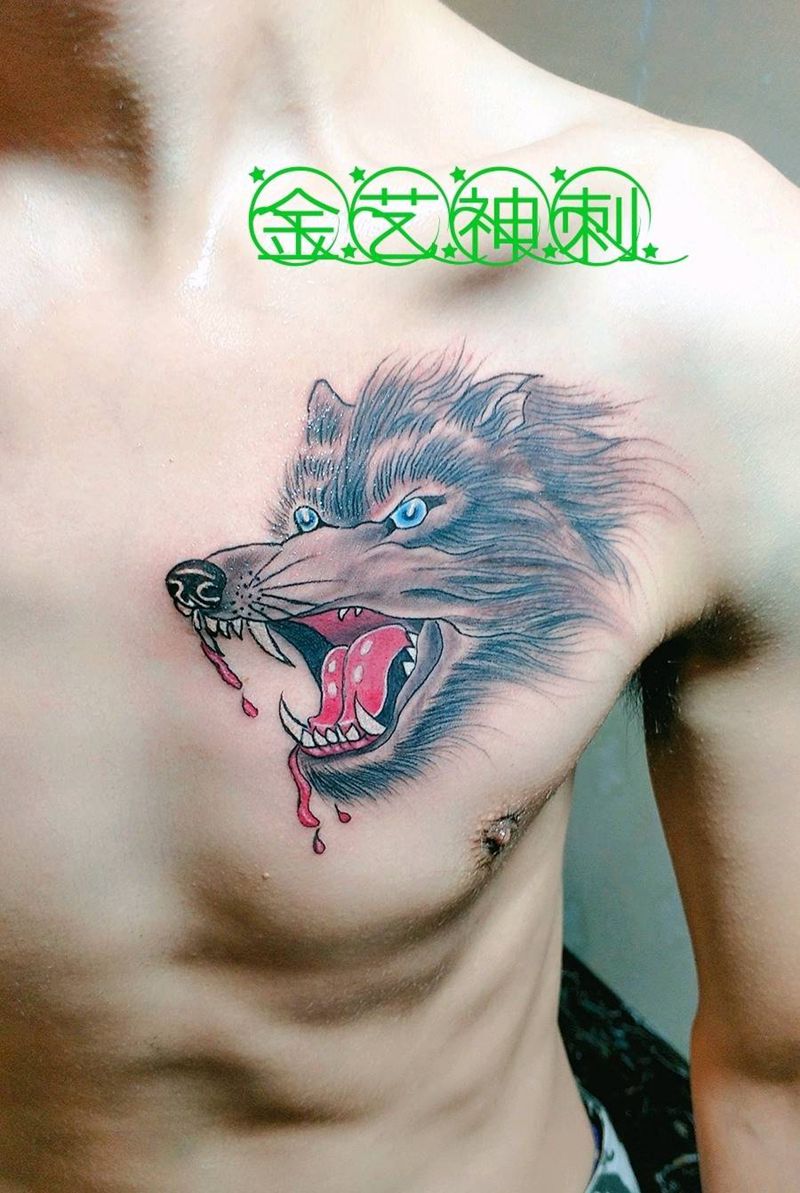 胸口 滴血 狼头纹身图片_胸部传统动物成品纹身图案