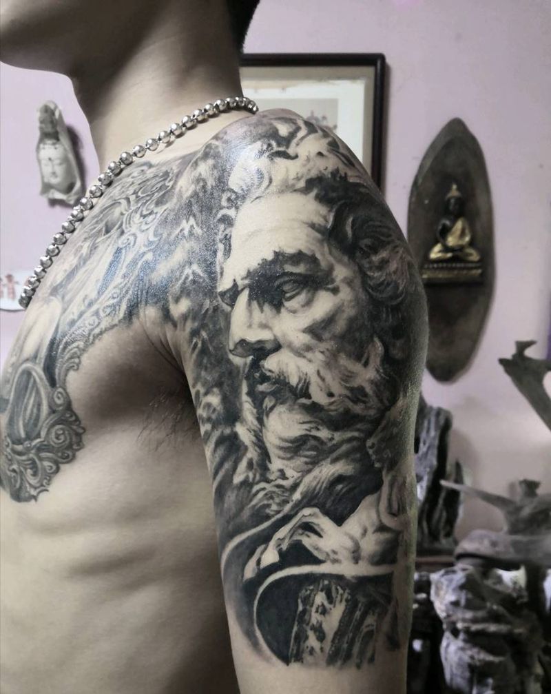 波塞冬纹身图片_肩部欧美写实纹身图案