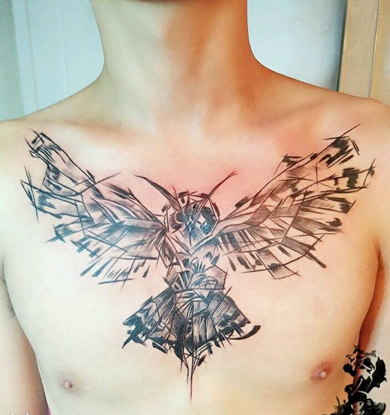 猫头鹰纹身图片_胸部欧美动物昆明云南纹人墨刻成品纹身图案