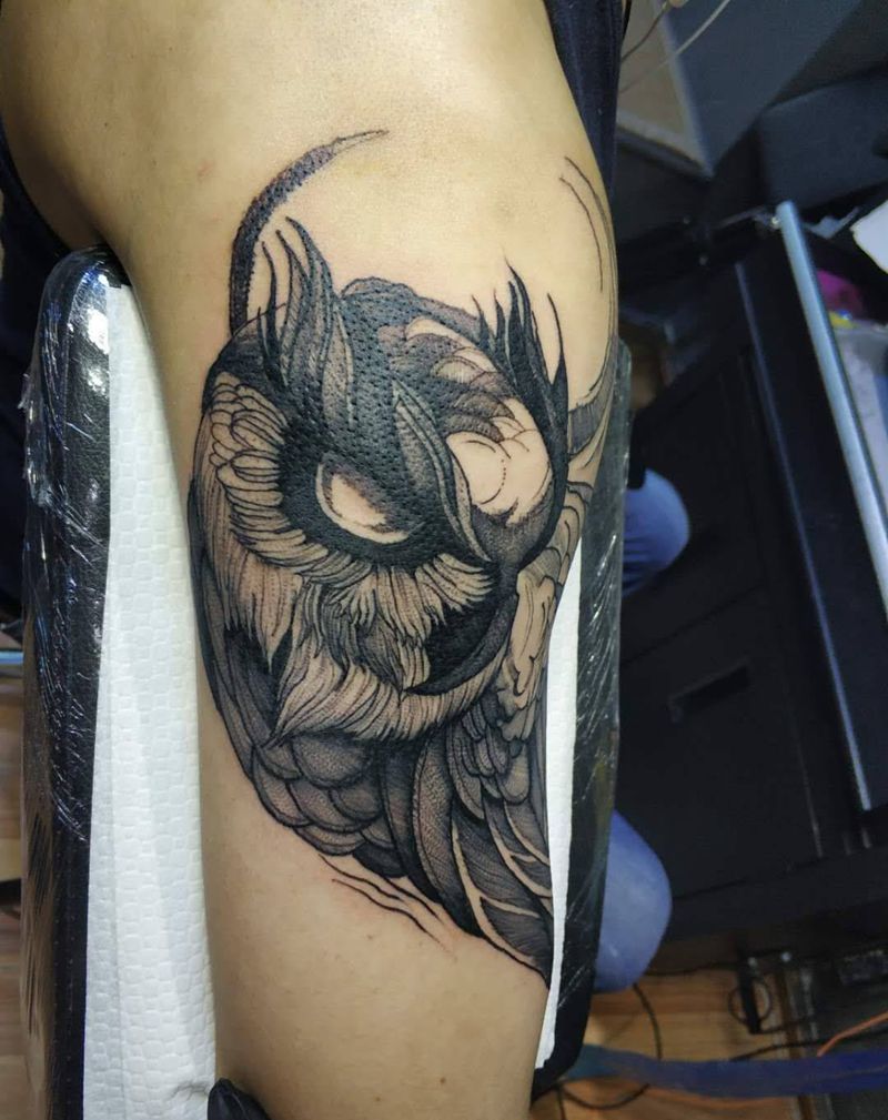 猫头鹰纹身图片_手臂欧美写实纹身图案