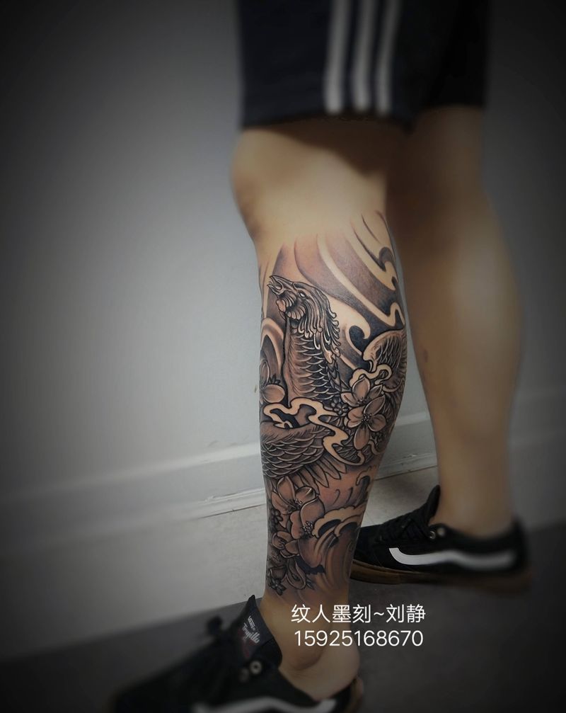 鲲纹身图片_腿部新传统纹身图案