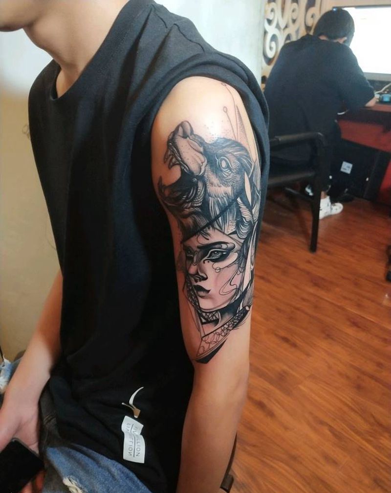 狼女纹身图片_手臂欧美写实点刺纹身图案