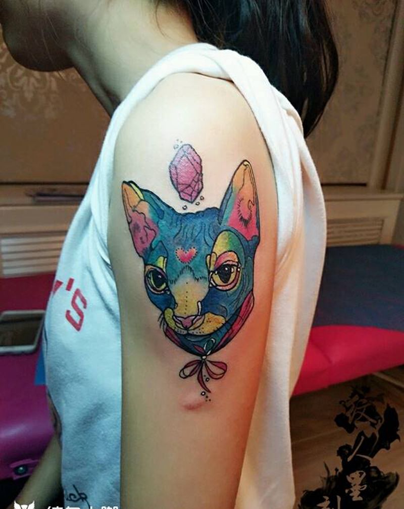 猫咪纹身图片_手臂欧美动物昆明云南纹人墨刻成品纹身图案