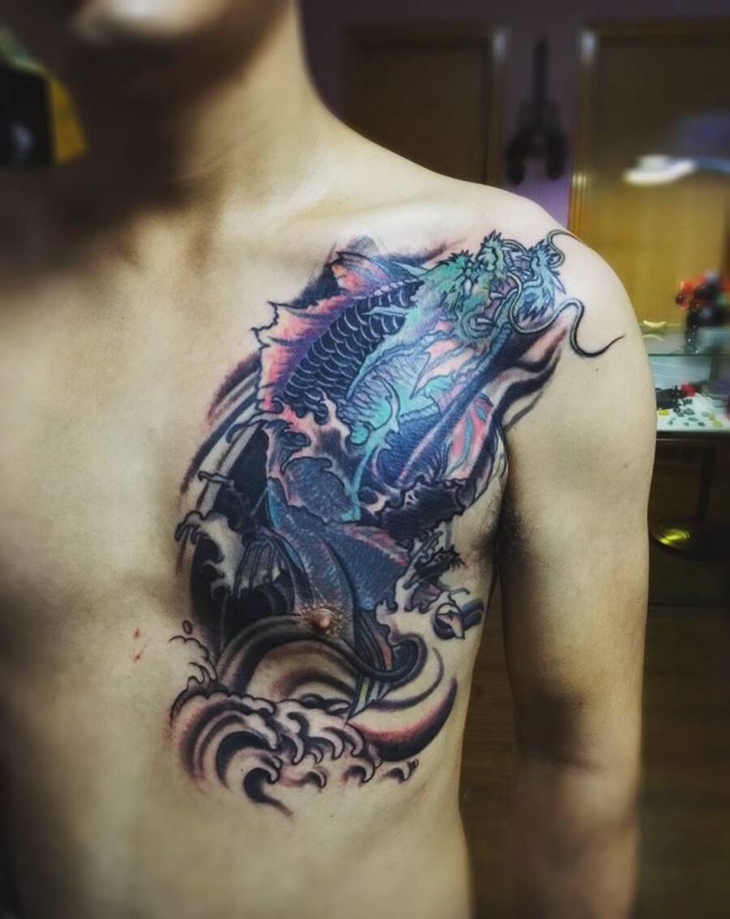 鱼化龙，遮盖旧图纹身图片_胸部传统动物原创成品纹身图案