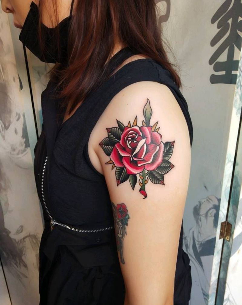 玫瑰纹身图片_手臂Old School水彩纹身图案