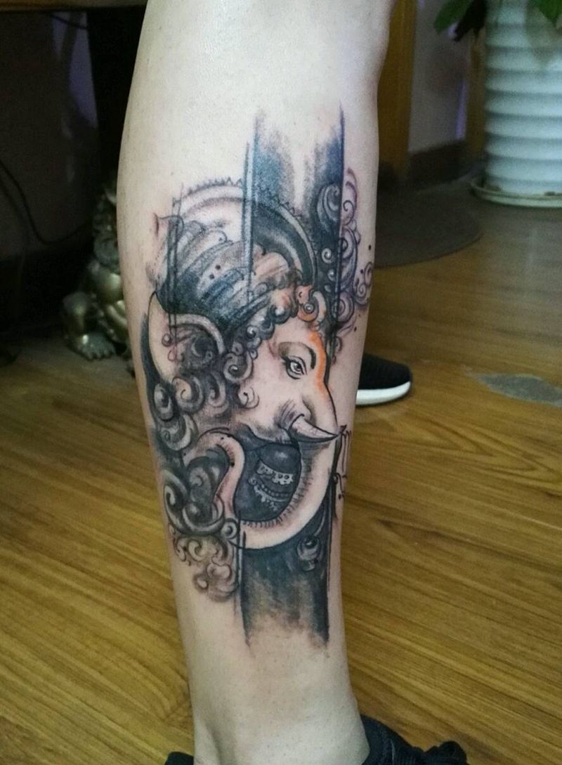 象神纹身图片_腿部传统鬼神原创成品纹身图案