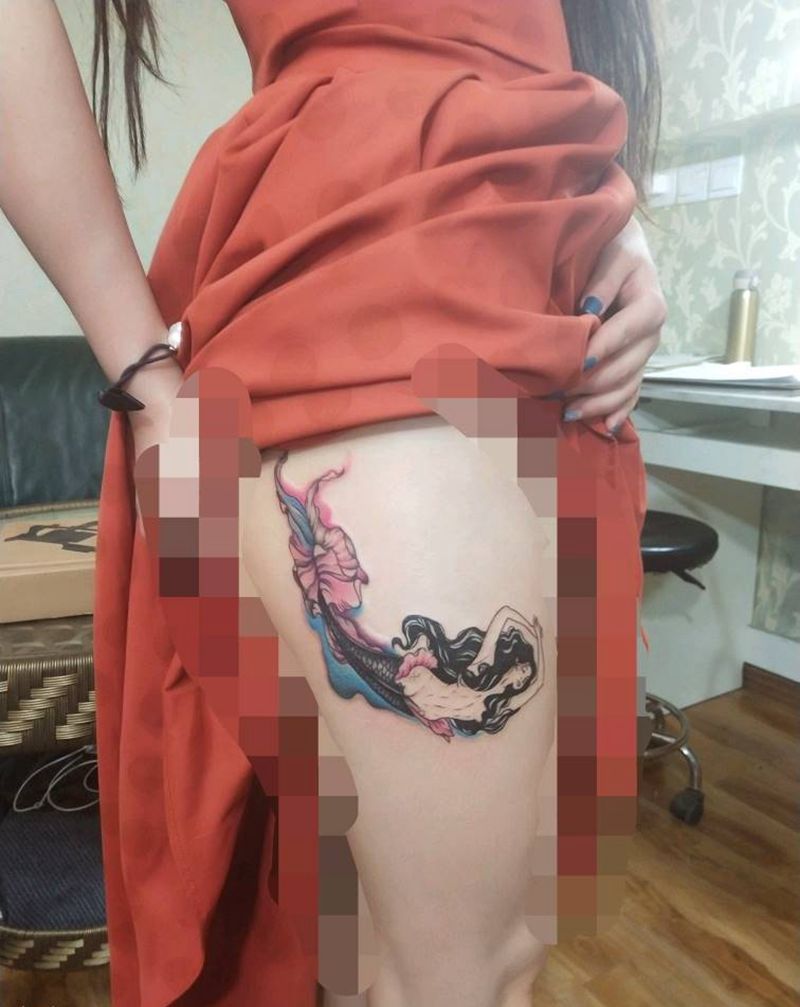 美人鱼纹身图片_腿部水彩纹身图案