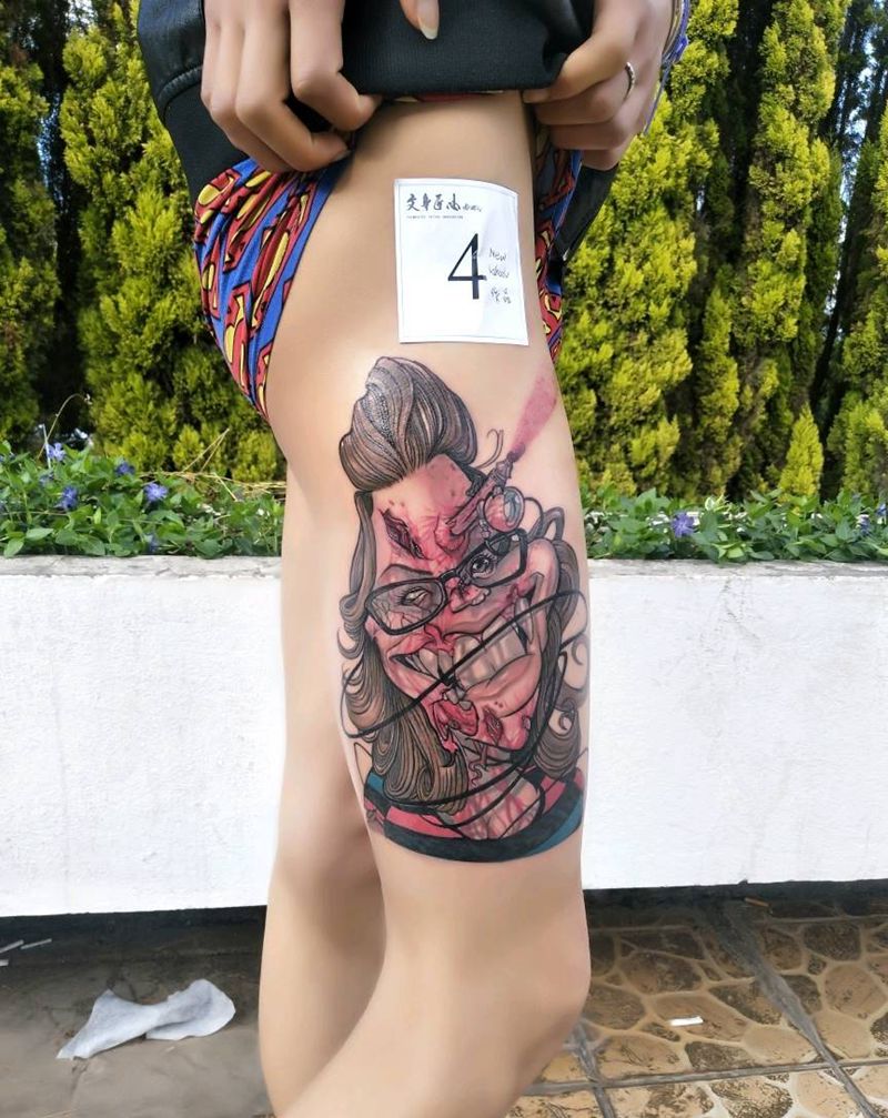 获奖作品纹身图片_腿部欧美人物昆明云南纹人墨刻成品纹身图案