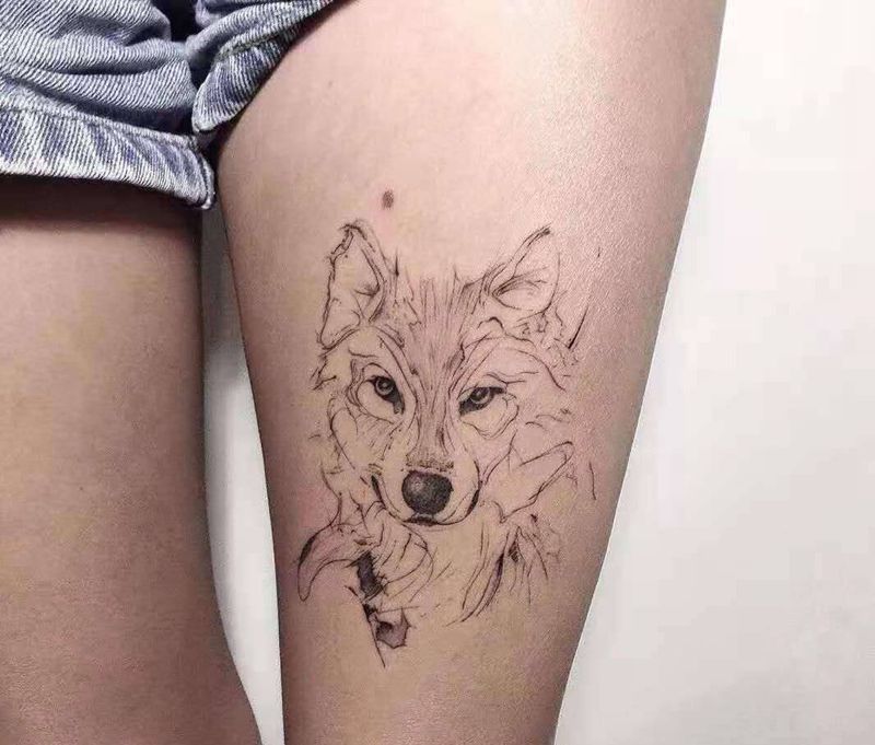 狼头纹身图片_腿部纹身图案