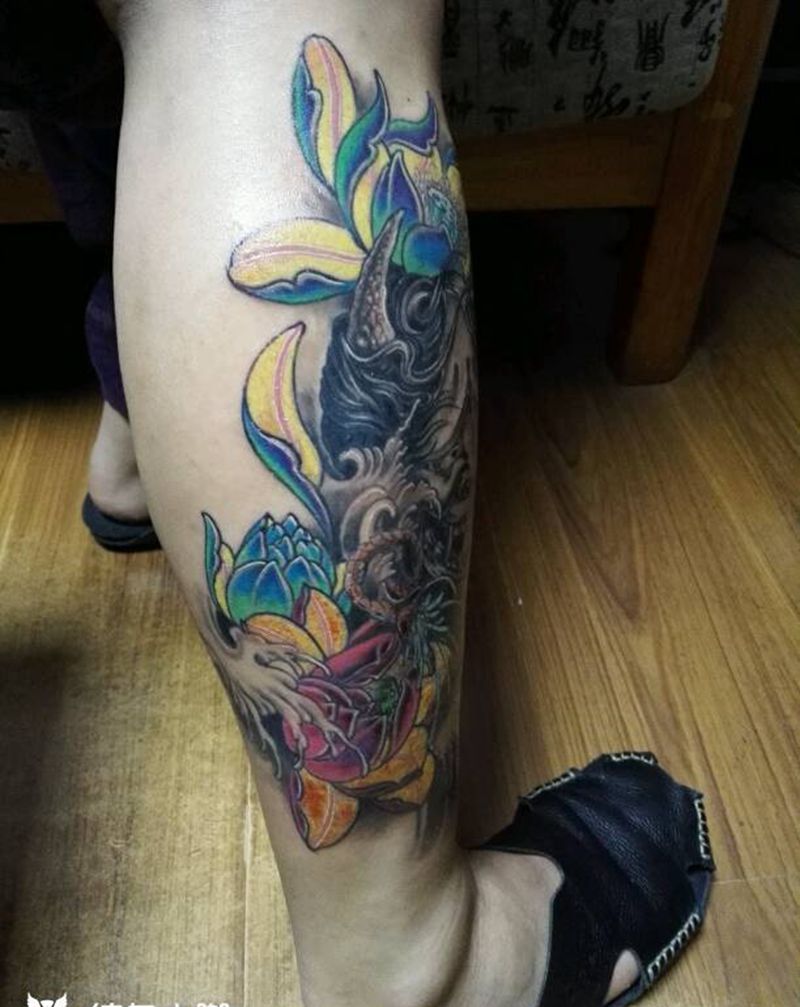 般若花纹身图片_腿部传统鬼神成品纹身图案