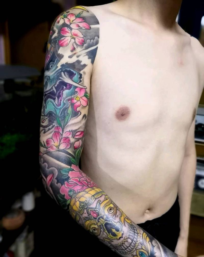 新传统花臂纹身图片_手臂新传统纹身图案