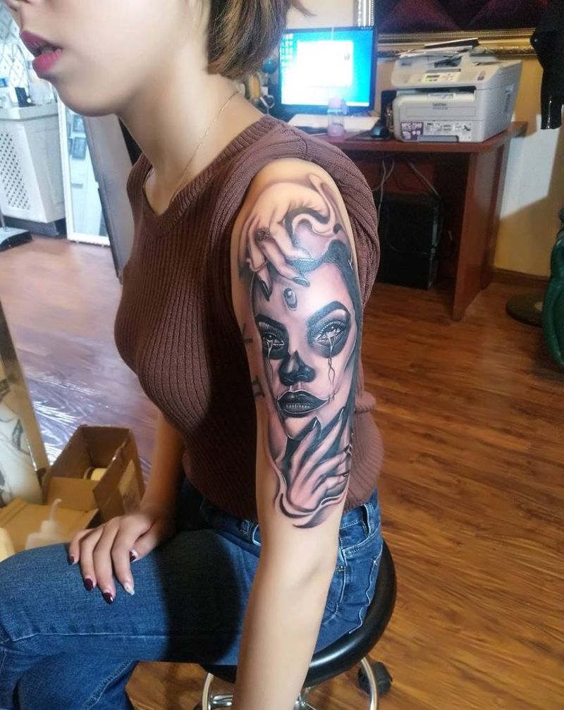 美女纹美女纹身图片_手臂欧美人物昆明云南纹人墨刻修改遮盖成品纹身图案