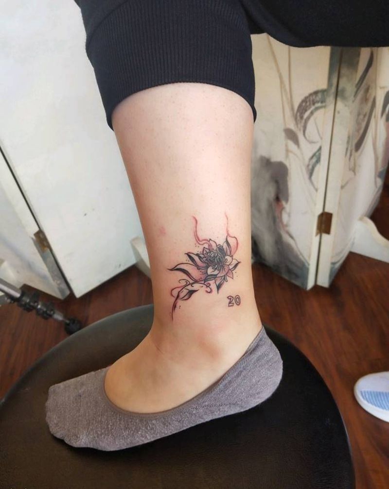 荷花纹身图片_脚部水彩小清新纹身图案
