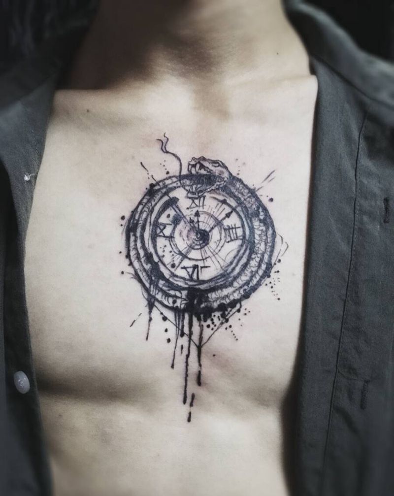 泼墨时钟纹身图片_胸部欧美静物原创成品纹身图案