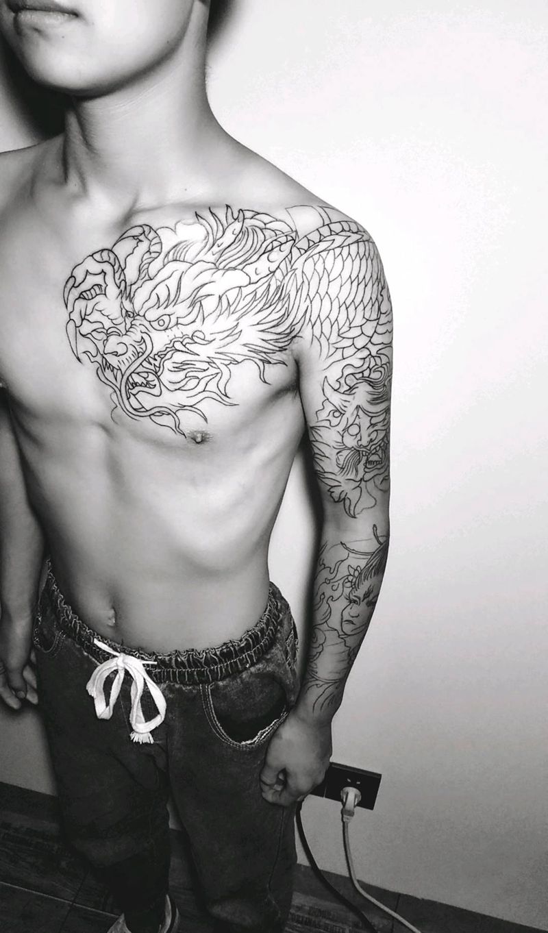 花臂 线条纹身图片_手臂新传统纹身图案