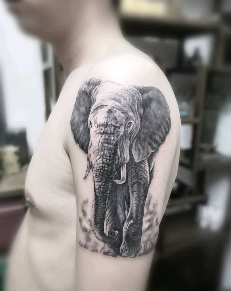 大象纹身图片_肩部欧美静物原创成品纹身图案
