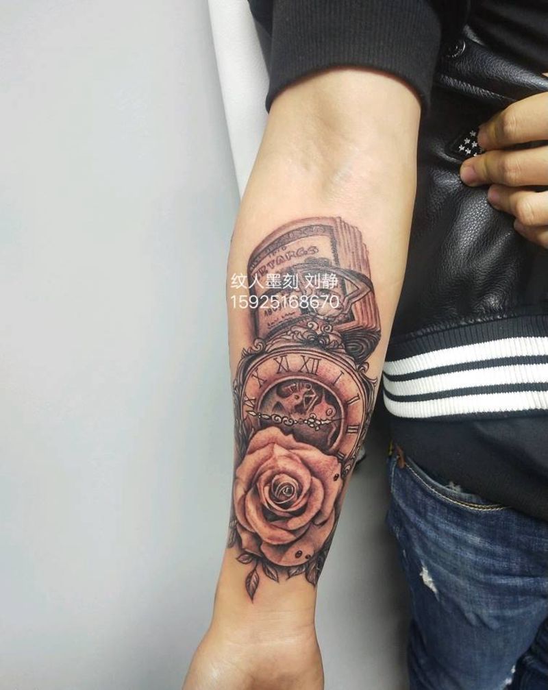 时间，爱情，金钱纹身图片_手臂欧美写实写实纹身图案