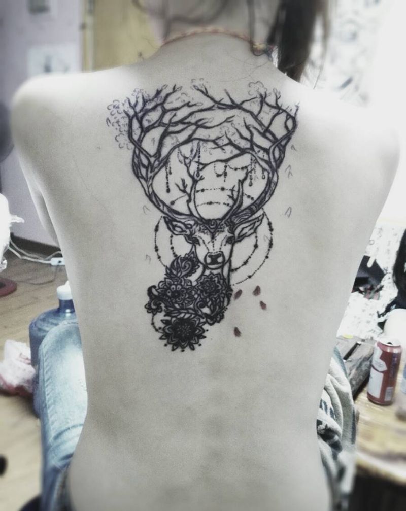 鹿 捕梦网纹身图片_背部欧美原创成品纹身图案