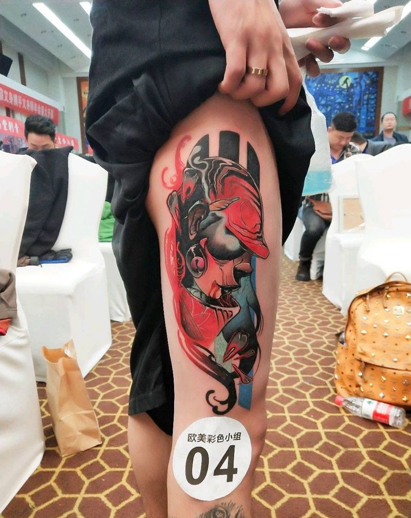 沉思纹身图片_腿部New School纹身图案