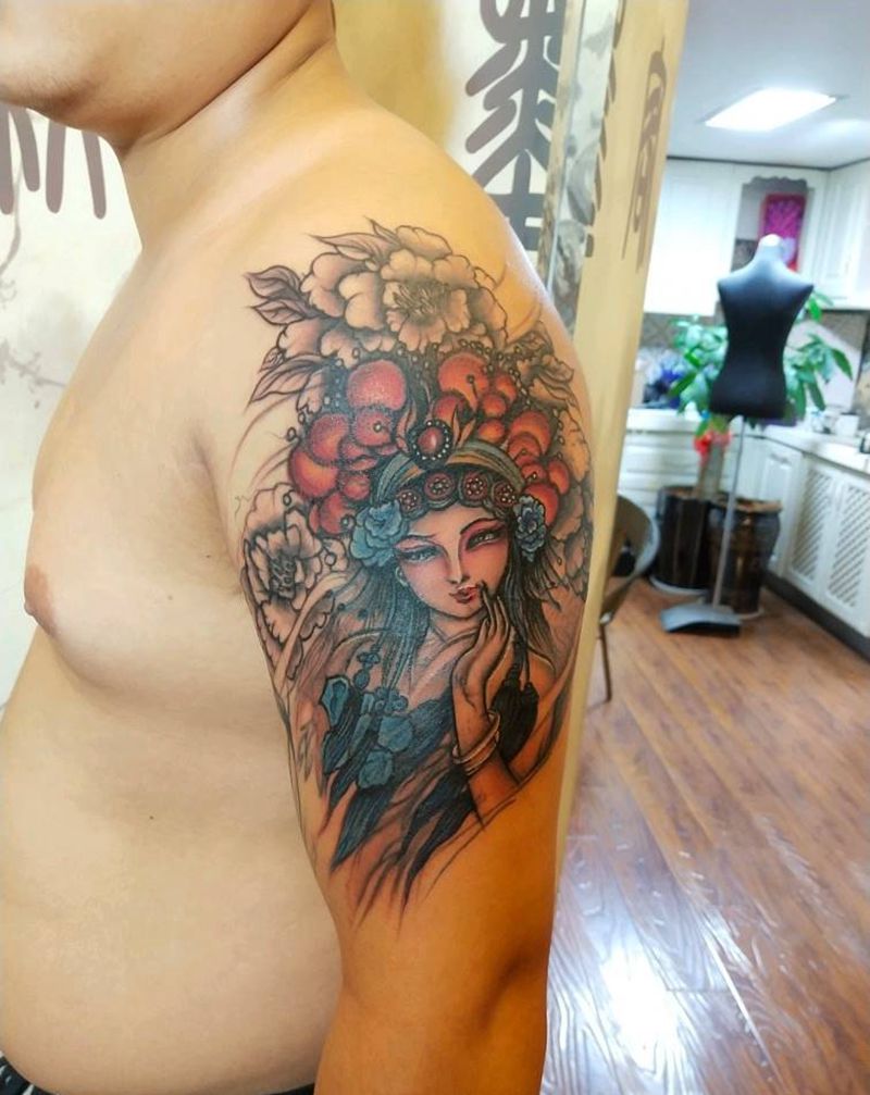 花旦纹身图片_手臂新传统花旦彩色纹身图案