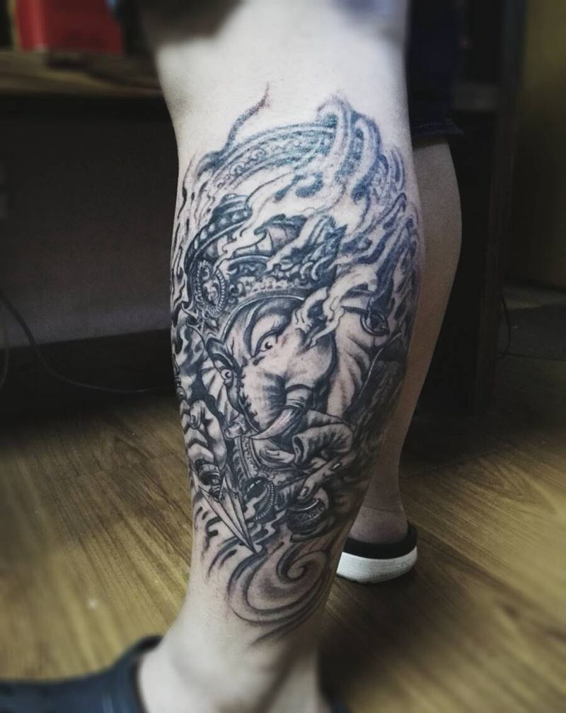 象财神纹身图片_腿部传统宗教成品纹身图案