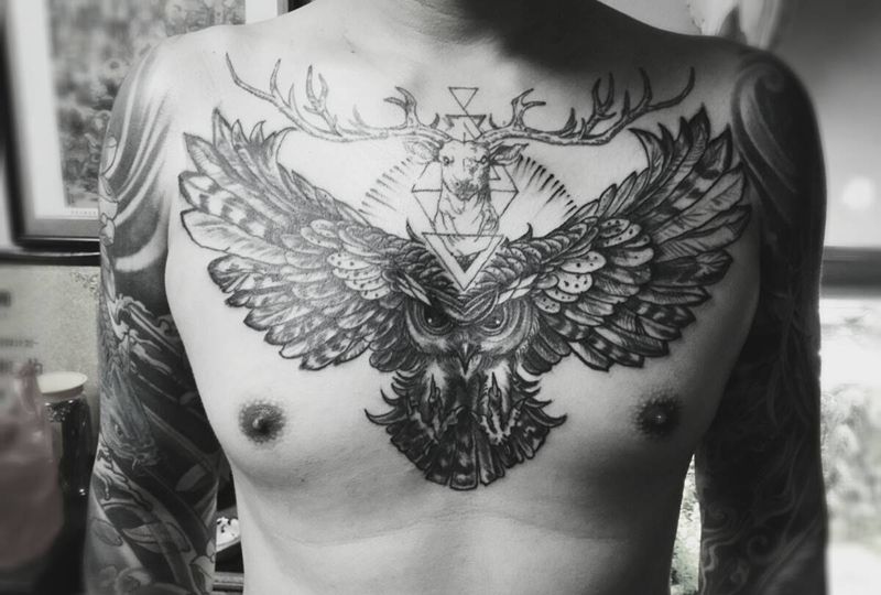 猫头鹰纹身图片_胸部欧美原创成品纹身图案