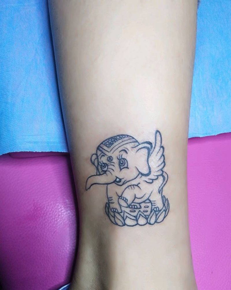 小飞象纹身图片_脚部清新动物昆明云南纹人墨刻修改遮盖成品纹身图案