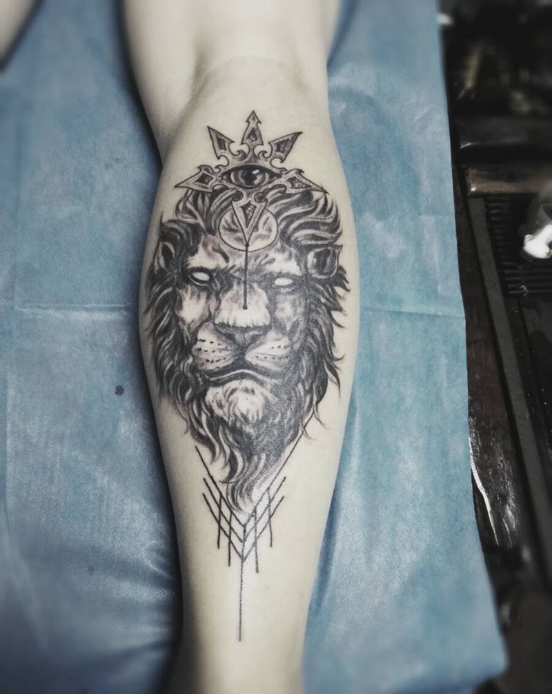 狮子王纹身图片_腿部欧美几何动物原创成品纹身图案