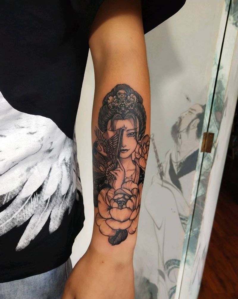 艺伎纹身图片_手臂手部新传统素描纹身图案