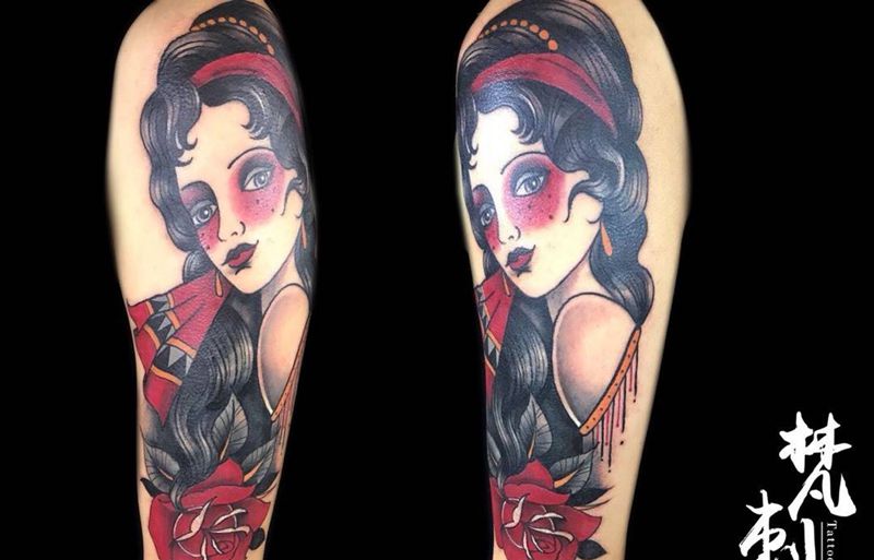 old school西班牙女郎纹身图片