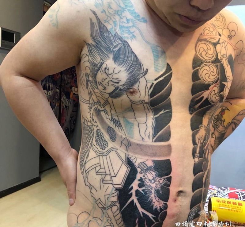 日式开衫风神，雷神纹身图片