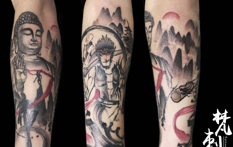 大圣皈依纹身图片_手臂水墨纹身图案