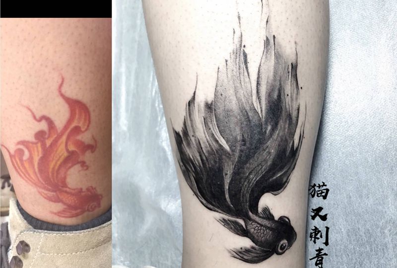 旧图修改遮盖纹身图片_腿部水墨纹身图案