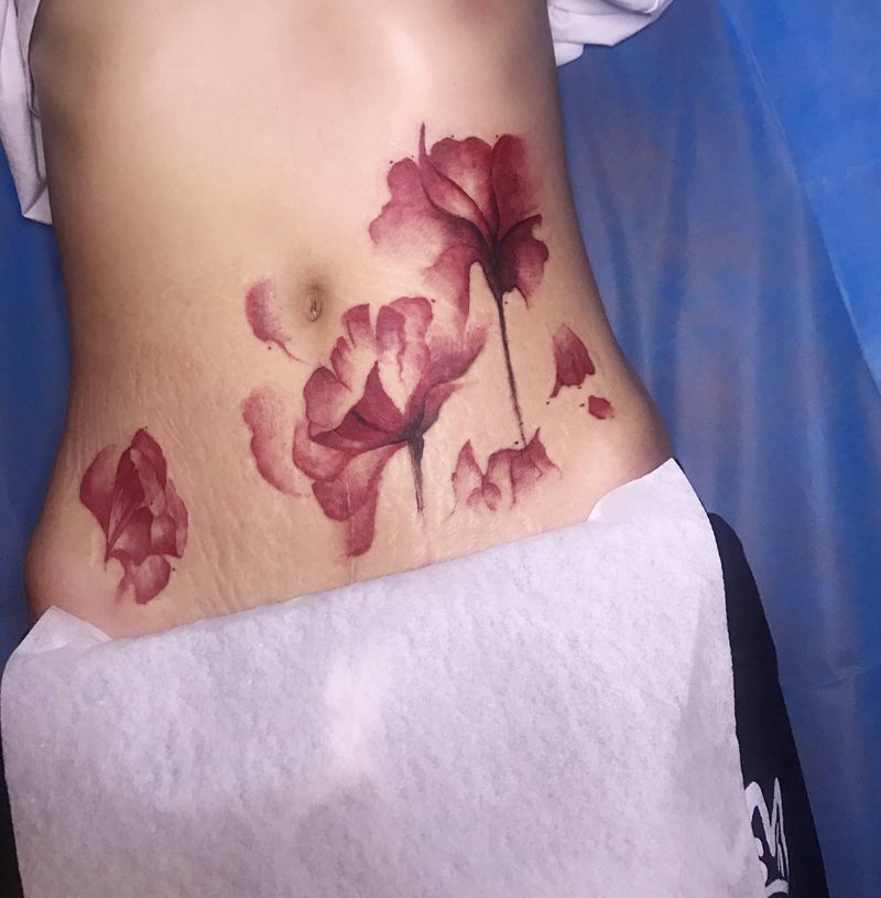 水墨虞美人纹身图片_腹部纹身图案