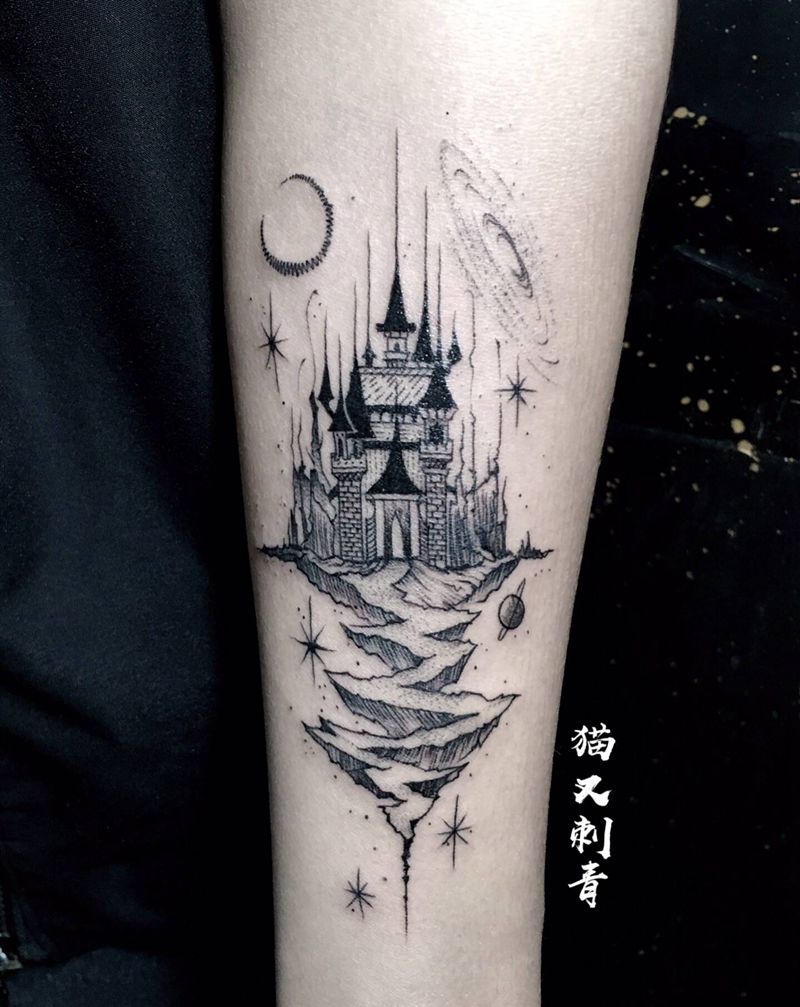 城堡纹身图片_手臂New School纹身图案