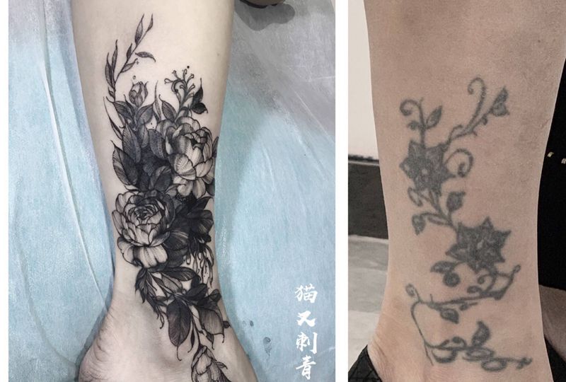 设计稿，素花遮盖纹身图片_腿部脚部纹身图案