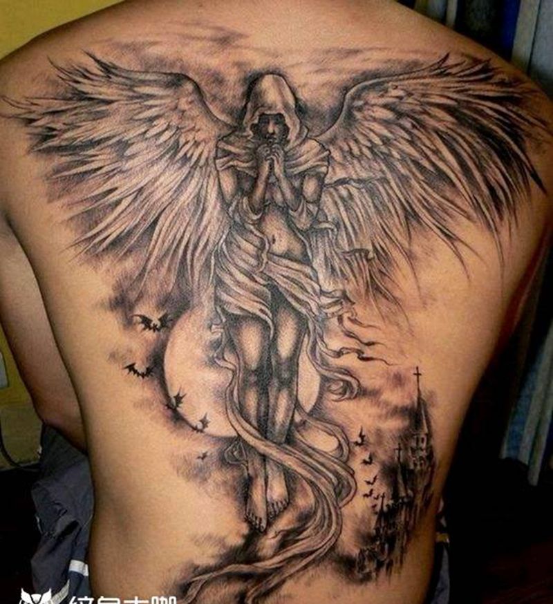 满背天使纹身图片_背部纹身图案