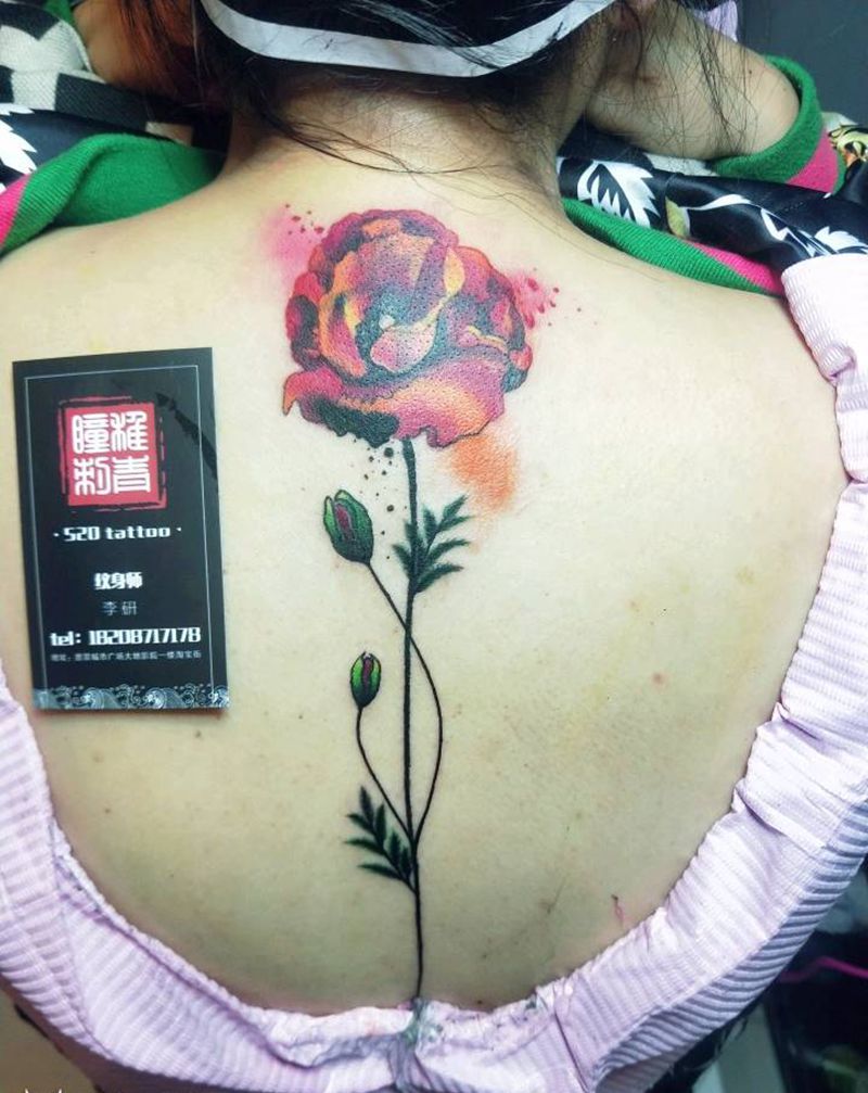 罂粟纹身图片_颈部背部清新植物遮盖水彩成品纹身图案