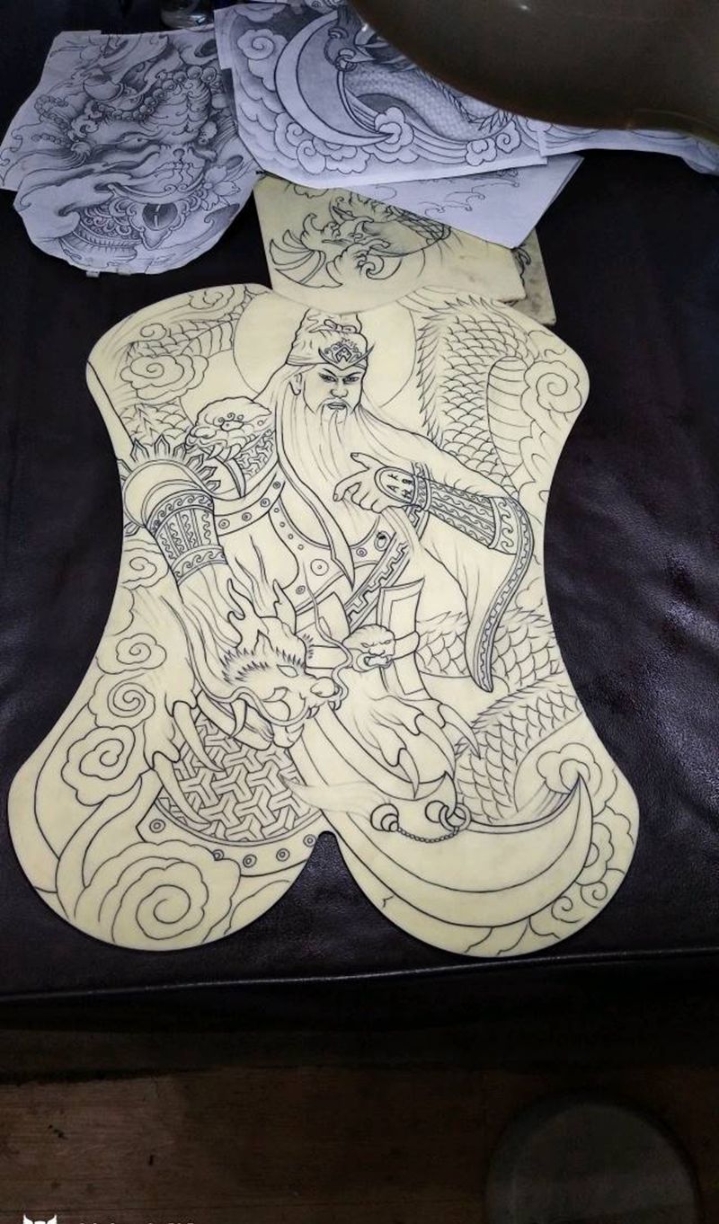 满背关公线条练习皮纹身图片_背部传统贴纸字符人物成品纹身图案