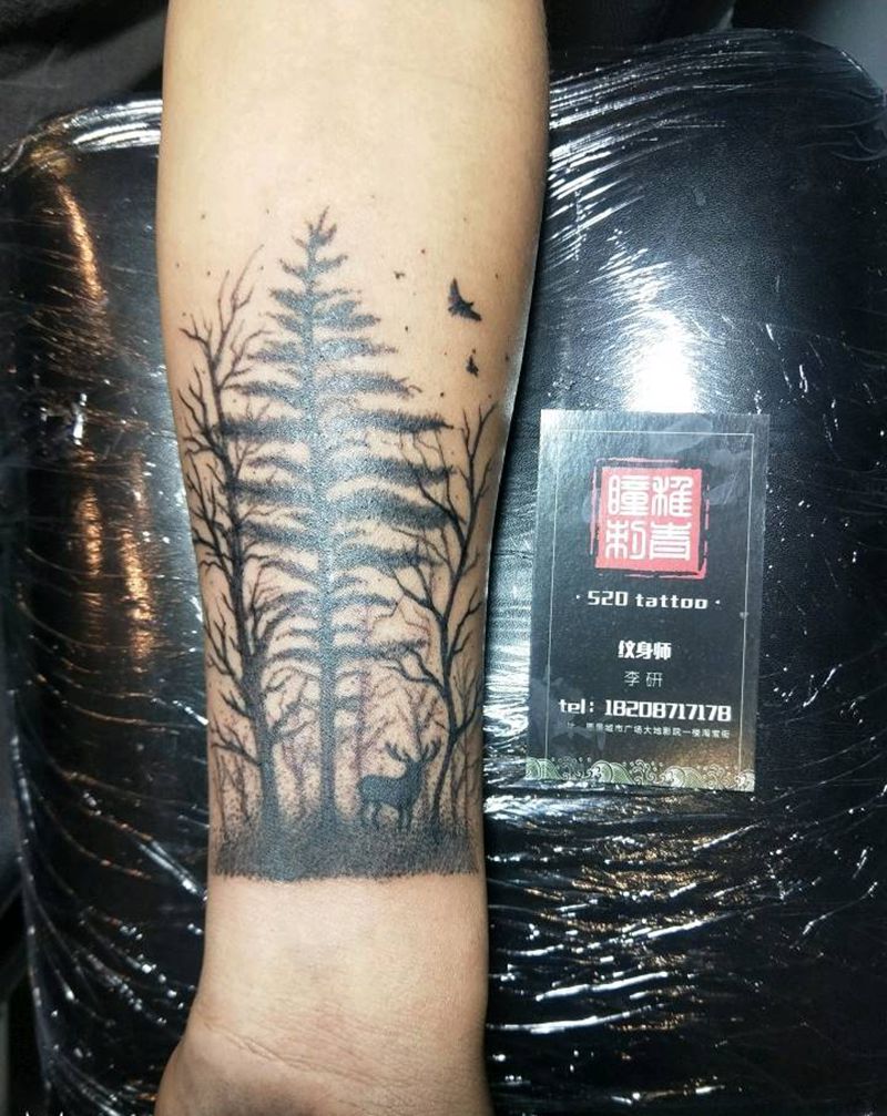 遮盖纹身图片_手臂欧美植物点刺遮盖风景成品手稿纹身图案