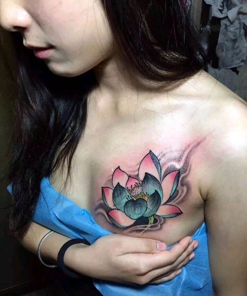 遮盖小作纹身图片_胸部水彩新传统纹身图案